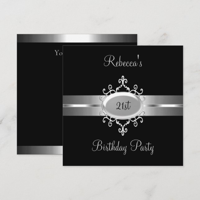 Invitation NOUVEAU 21e anniversaire de fête d'argent noir (Devant / Derrière)