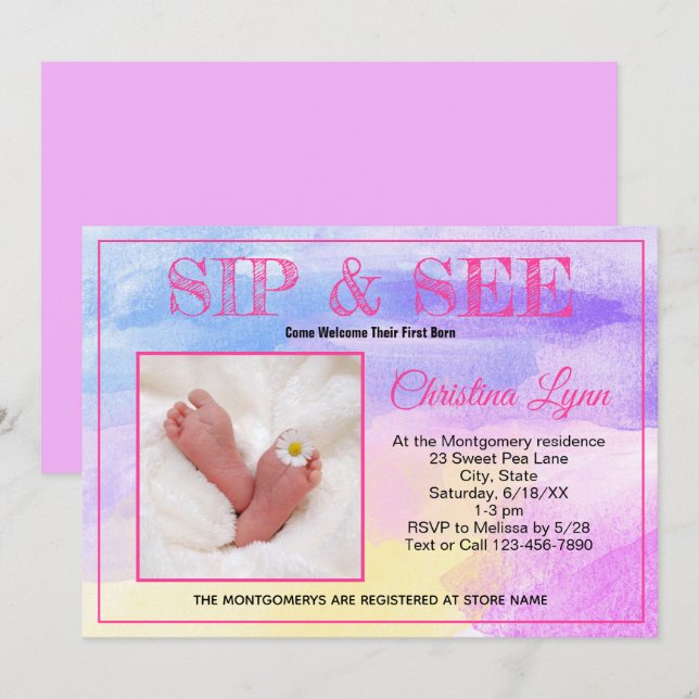 Invitation Nouveau bébé aquarelle rose Sip et voir photo pers (Devant / Derrière)
