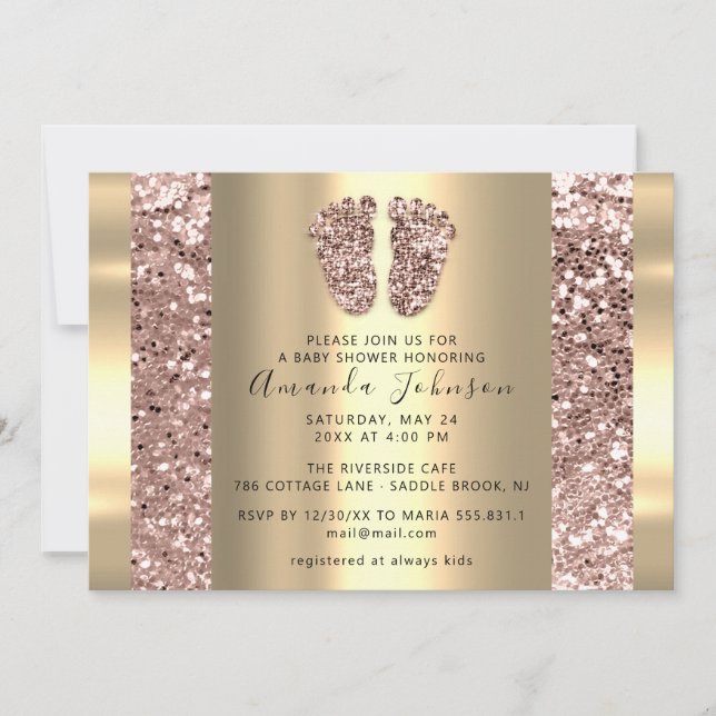 Invitation Nouveau bébé Douche pieds Rose Parties scintillant (Devant)