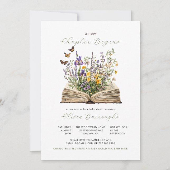 Invitation Nouveau chapitre commence Baby shower Fleur sauvag (Devant)
