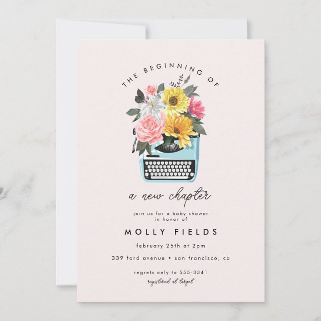 Invitation Nouveau chapitre Livres Baby shower d'écriture lit (Devant)