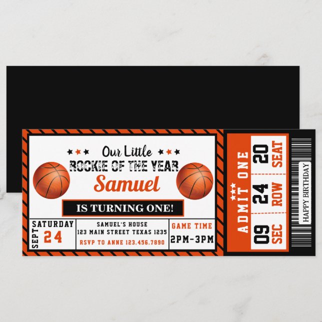 Invitation Nouveau de l'année 1er anniversaire Billet de bask (Devant / Derrière)