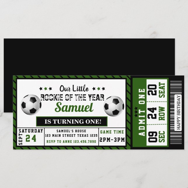 Invitation Nouveau de l'année 1er Anniversaire Ticket de socc (Devant / Derrière)