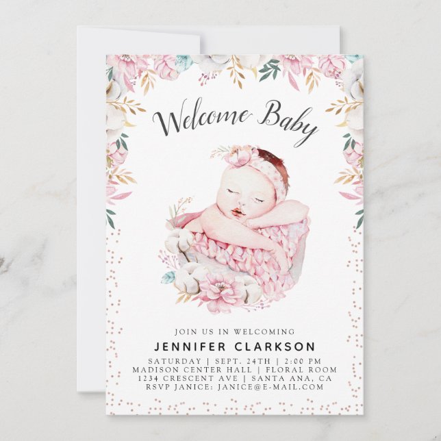 Invitation Nouveau-né Floral Welcome Baby (Devant)