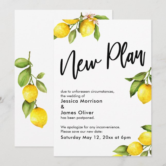 Invitation Nouveau Plan Aquarelle Citrons Mariage Reporté Car (Devant / Derrière)