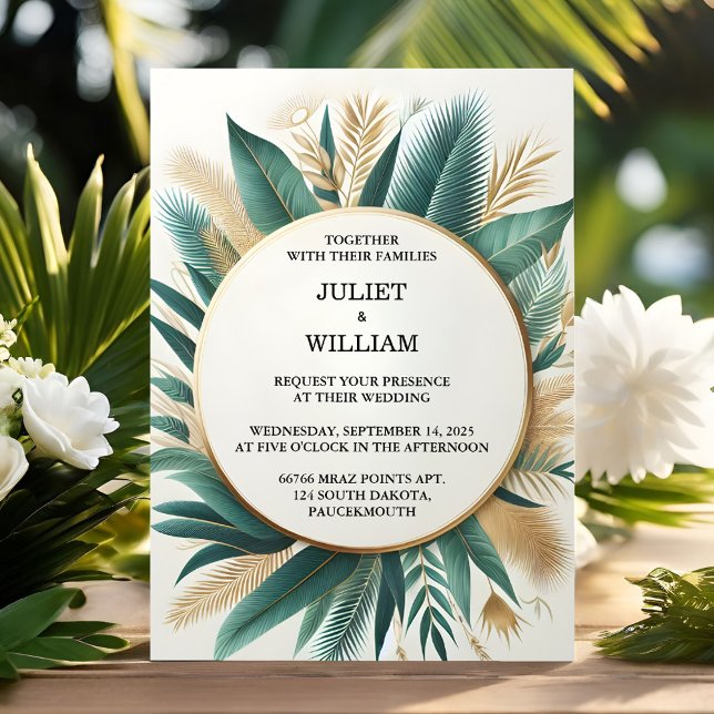 Invitation Nouveau Wreath Palm Tree Beach Mariage Vert Et Or (Créateur téléchargé)