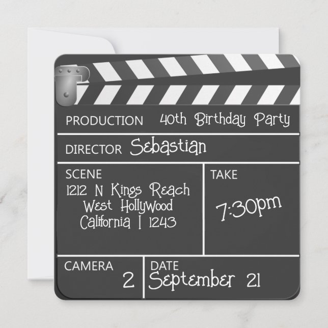 Invitation Nouveauté Personnalisé Film Clapperboard Anniversa (Devant)