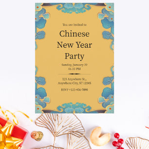 Invitation Nouvel An Chinois Bleu et Jaune Élégant