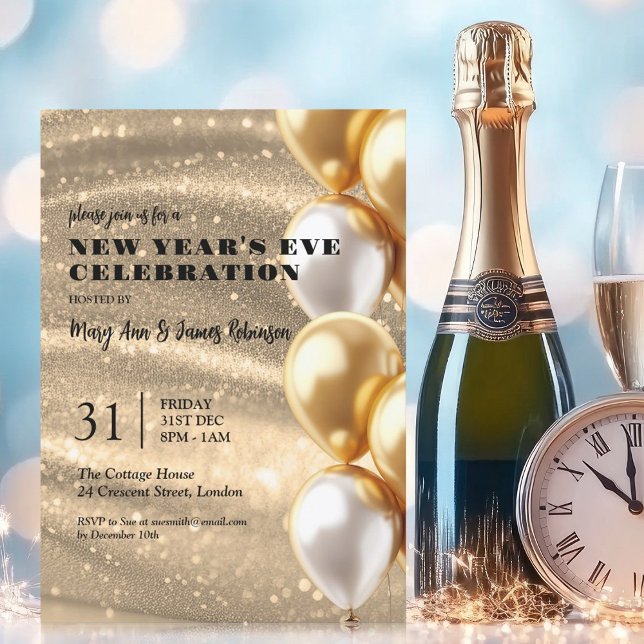 Invitation Nouvel An Eve Gold Sequins Chatoyants Ballons (New Years Eve Gold Shimmering Sequins Balloons Invitation)