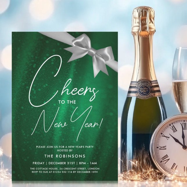 Invitation Nouvel An Eve Silver Green Sparkine Sequin Bow (New Years Eve Silver Green Sparkle Sequin Bow Invitation)
