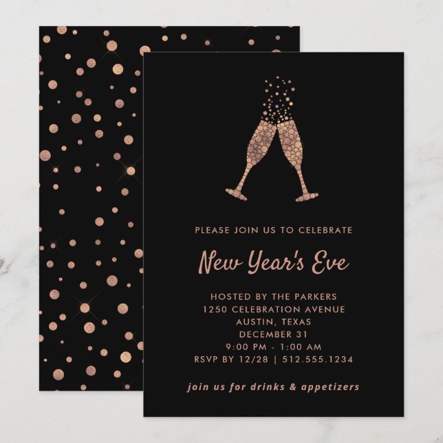 Invitation Nouvel An| Faux Rose Gold Confetti (Devant / Derrière)