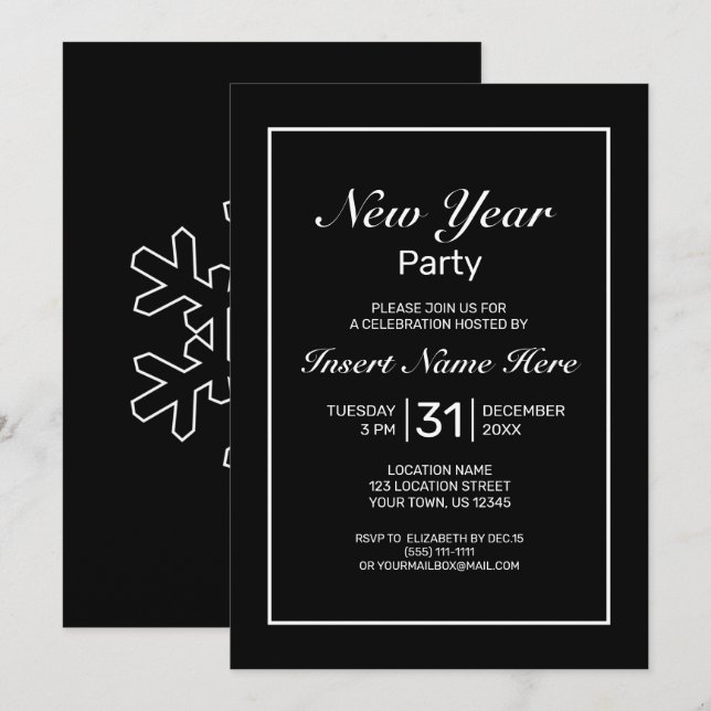 Invitation Nouvel an minimaliste moderne noir blanc (Devant / Derrière)
