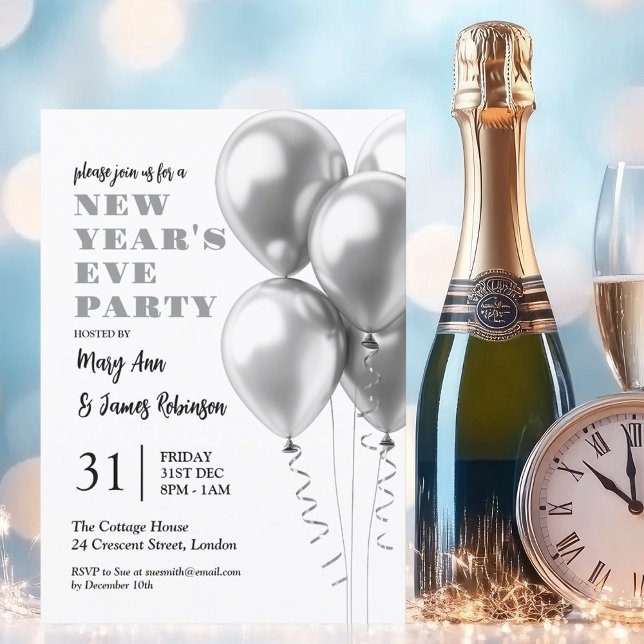 Invitation Nouvel An MODERNE Célébration de la veille Ballons (MODERN New Years Eve Celebration Silver Balloons Invitation)