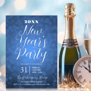 Invitation Nouvel An MODERNE Seve Party Navy Blue Bokeh Lumiè