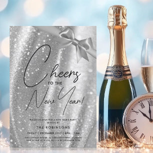 Invitation Nouvel An MODERNE Soir Argent Sparkle Sequin Bow