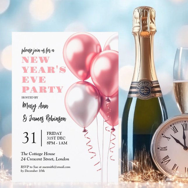 Invitation Nouvel An MODERNE Soirée Fête Bleu Ballons Rose (MODERN New Years Eve Party Blush Pink Balloons Invitation)