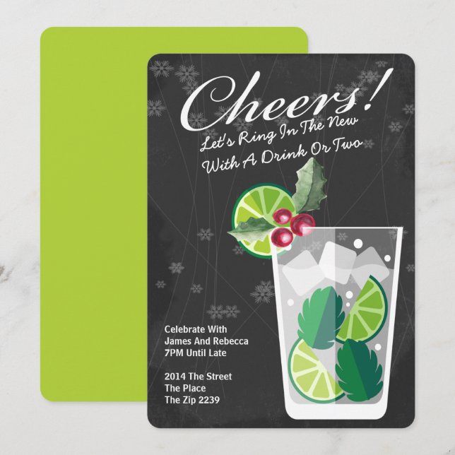 Invitation Nouvel An Mojito Cocktail Party Personnalisé (Devant / Derrière)