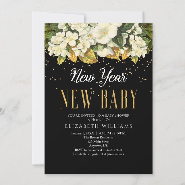 Invitation Nouvel An Nouvel Enfant Gold Black Floral Baby sho (Devant)