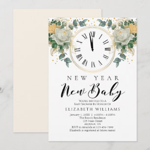 Invitation Nouvel An Nouvel Enfant Or Blanc Baby shower Flora