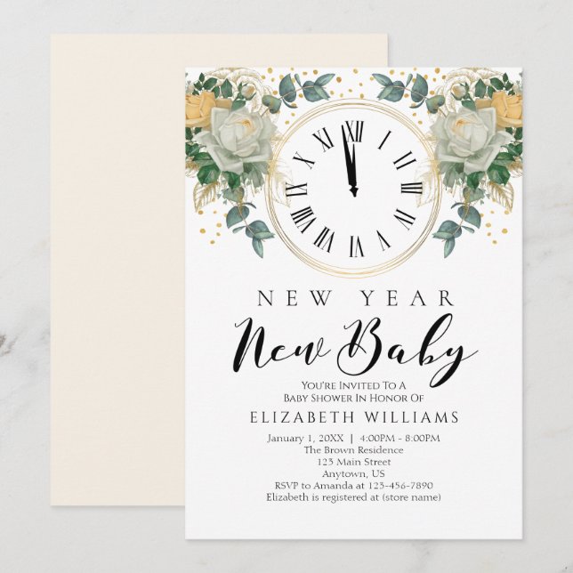 Invitation Nouvel An Nouvel Enfant Or Blanc Baby shower Flora (Devant / Derrière)