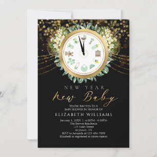 Invitation Nouvel An Nouvel Horloge Bébé Or Baby shower Noir