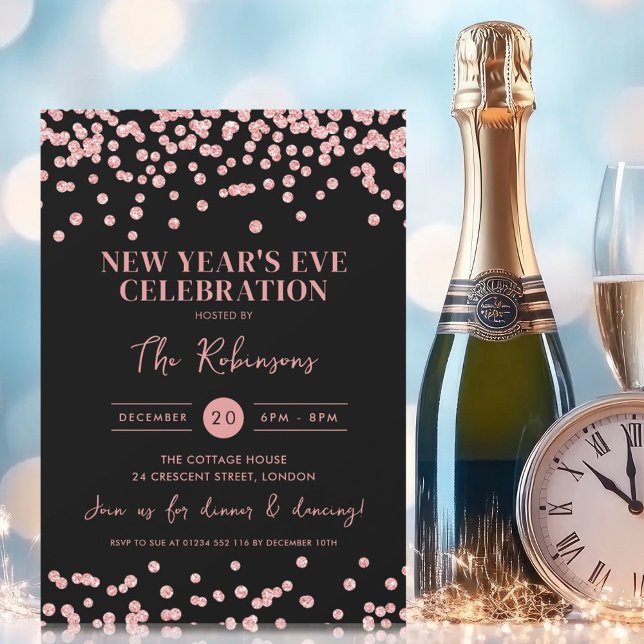 Invitation Nouvel An Rose Gold Parties scintillant Confetti N (New Years Eve Rose Gold Glitter Confetti Black Invitation)