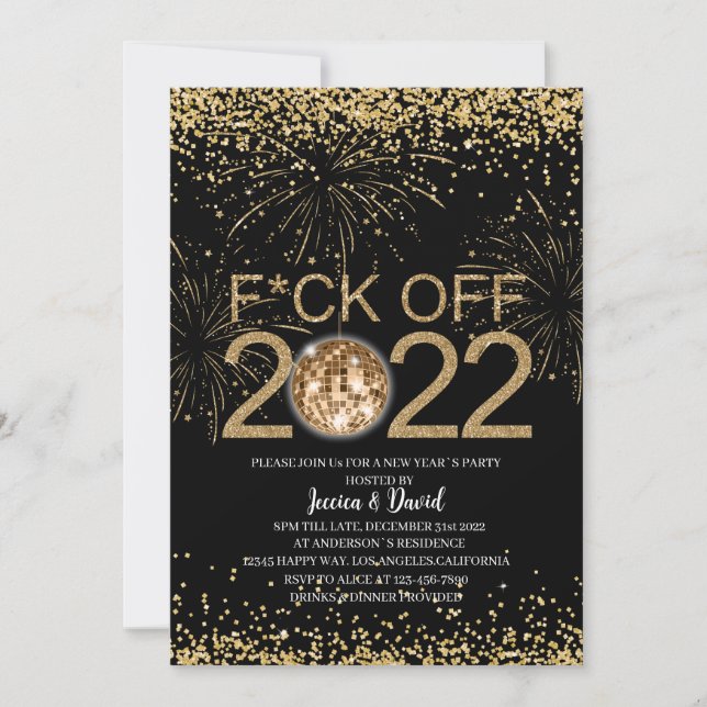 Invitation Nouvel An`s Eve Party Gold et Noir Personnalisé (Devant)