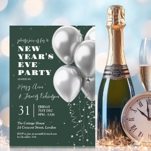 Invitation Nouvel An Silver Confetti Balloons Emerald