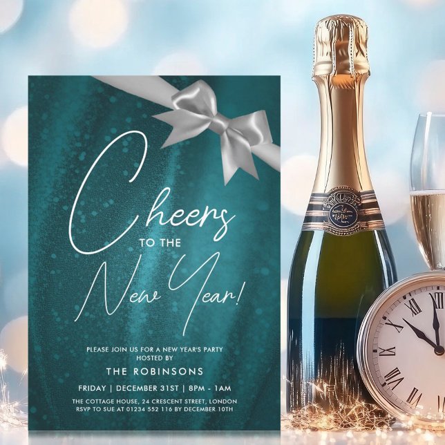 Invitation Nouvel An Silver Sparkine Sequin Bow Turquoise (New Years Eve Silver Teal Sparkle Sequin Bow Invitation)