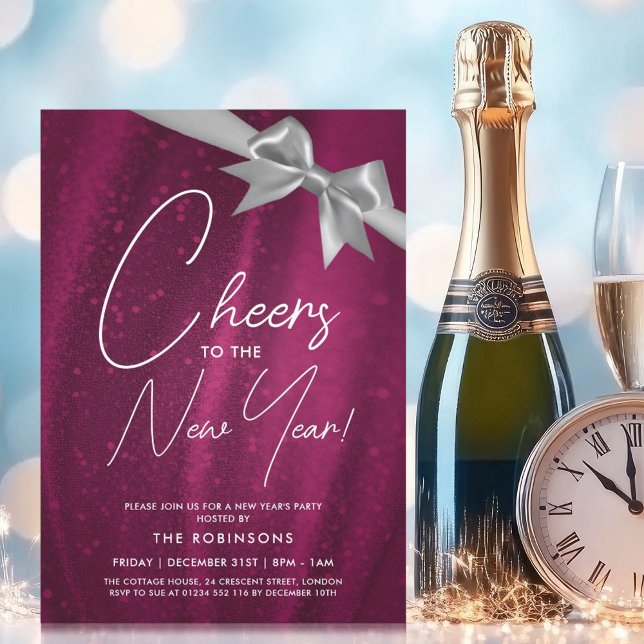 Invitation Nouvel An Soirée Argent Rose Paillettes Sequins Nœ (New Years Eve Silver Pink Sparkle Sequin Bow Invitation)