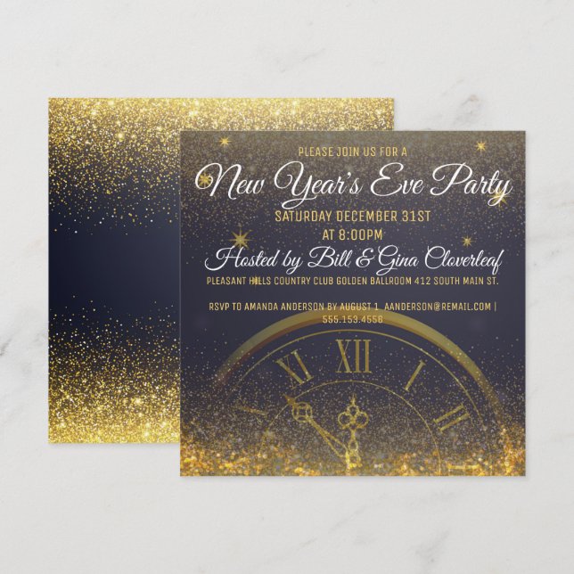Invitation Nouvel An Soirée de luxe minuit (Devant / Derrière)