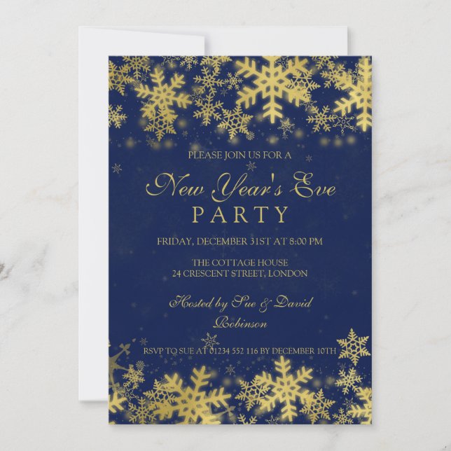 Invitation Nouvel An Sove Party Gold & Navy Blue Snowflakes (Devant)