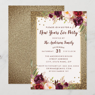 Invitation Nouvel An Sove Party Golden Burgundy Floral Invita