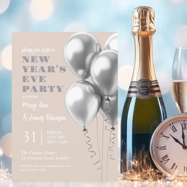 Invitation Nouvel An Sove Party Silver Balloons Champagne (New Years Eve Party Silver Balloons Champagne Invitation)