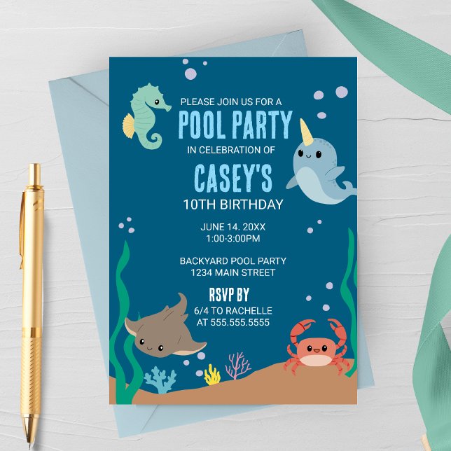 Invitation Nouvel anniversaire de la piscine d'animaux marins (Créateur téléchargé)