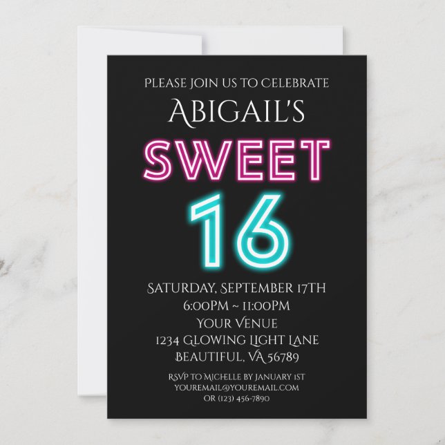 Invitation Nouvel anniversaire de Neon Rose et Sweet sixteen  (Devant)