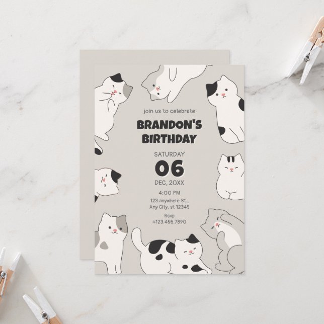 Invitation Nouvel anniversaire pour les chats mignons (Devant/Arrière en situation)