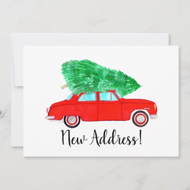 Invitation Nouvelle adresse Voiture rouge avec arbre de Noël  (Devant)