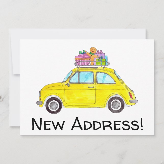 Invitation Nouvelle adresse Yellow Retro Fiat 500 Aquarelle (Devant)