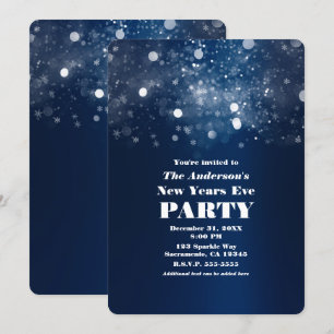 Invitation Nouvelle Année Bleu Foncé Argenté Étincelant Hiver