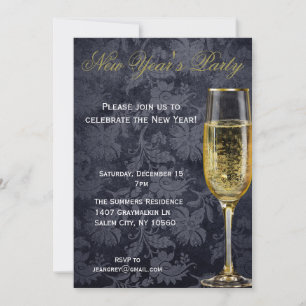 Invitation Nouvelle Année Champagne Élégant Soirée Noire