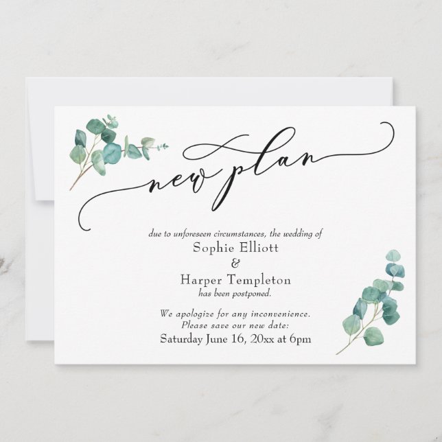 Invitation Nouvelle annonce de report de mariage Eucalyptus (Devant)