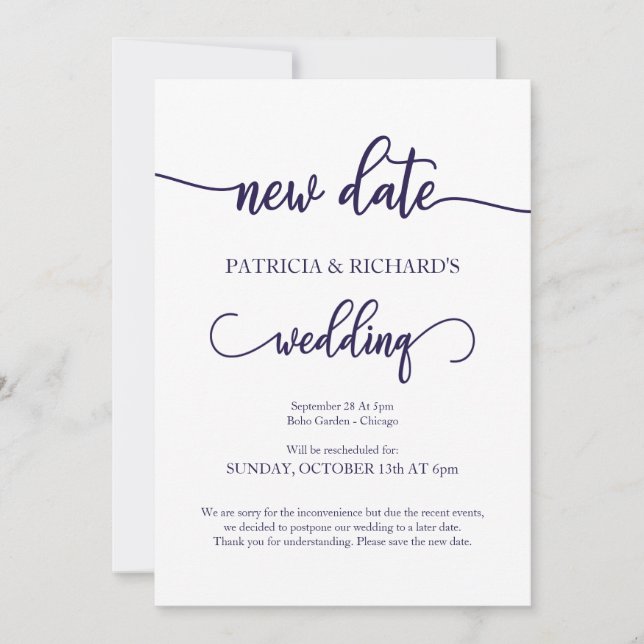 Invitation Nouvelle Date Reportée Mariage Marine Bleu Script (Devant)