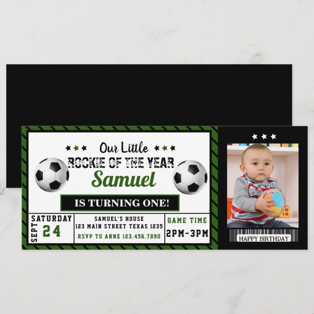 Invitation Nouvelle de l'année 1er anniversaire Soccer Photo (Devant / Derrière)
