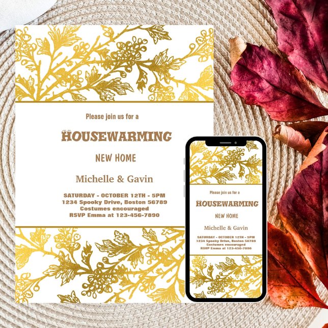 Invitation Nouvelle maison moderne feuillage doré ménage (Créateur téléchargé)