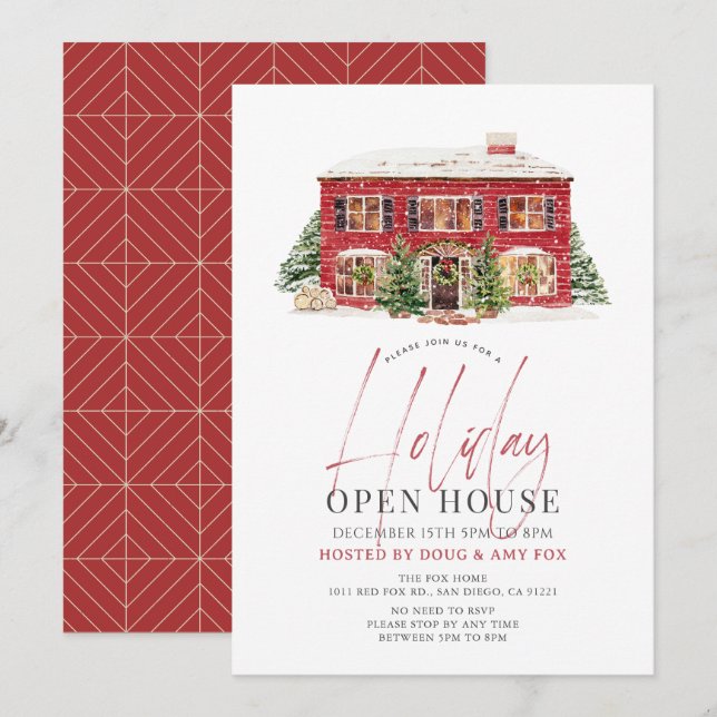 Invitation Nouvelle maison Red House Noël Holiday Open House (Devant / Derrière)