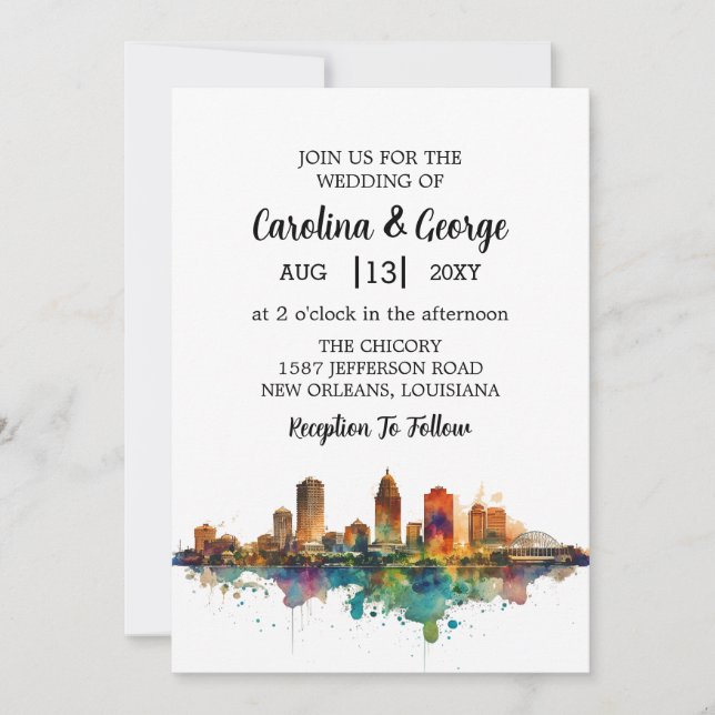 Invitation Nouvelle-Orléans Nola Louisiana - Aquarelle Mariag (Devant)