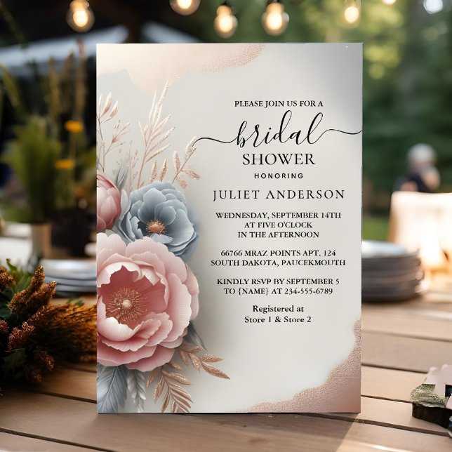 Invitation Nouvelle Soie rose Boho Peony Dusty Fête des marié (Créateur téléchargé)