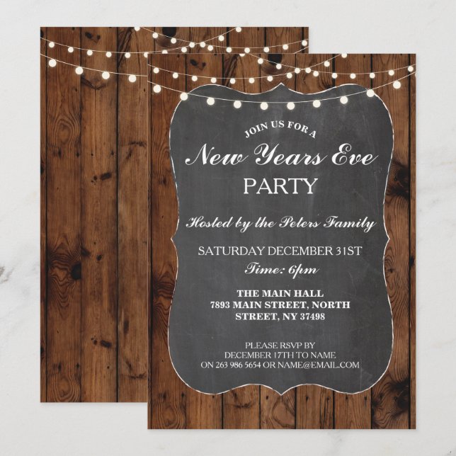 Invitation Nouvelles années rustiques en bois d'Ève et (Devant / Derrière)