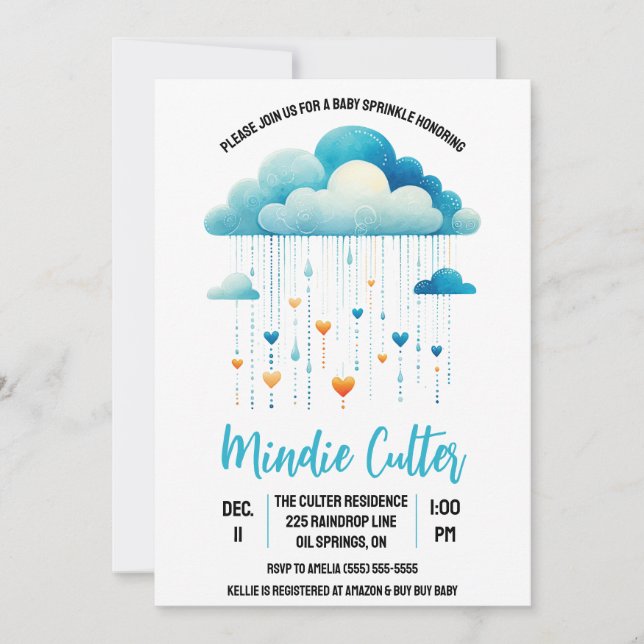 Invitation Nuage de pluie bleu avec gouttes de coeur Bébé sau (Devant)